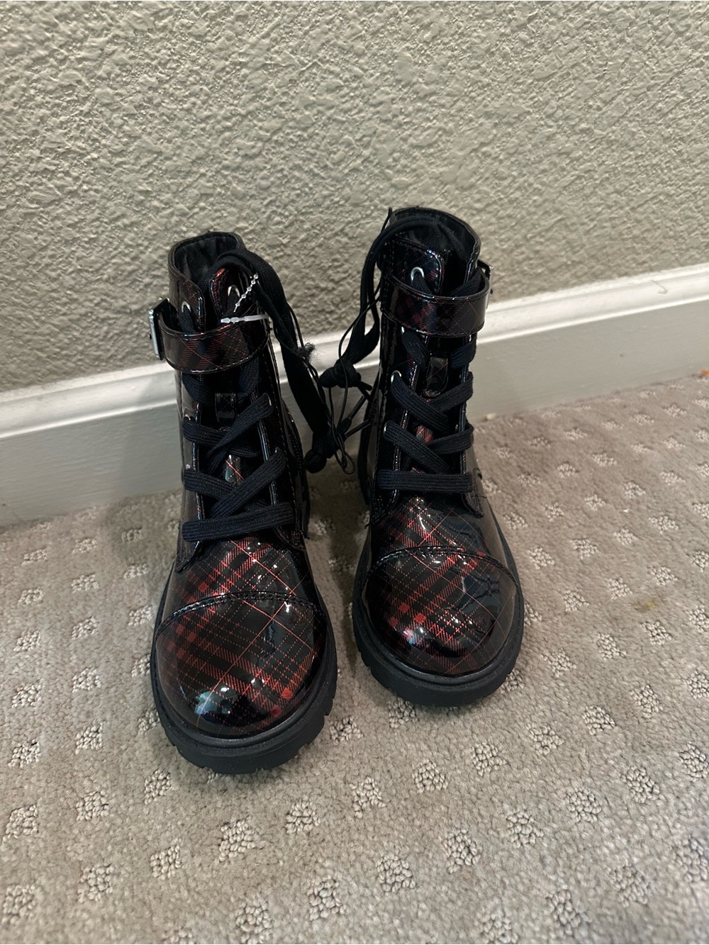 Kids Black and Red Plaid Lace-Up Boots - Jessica Simpson